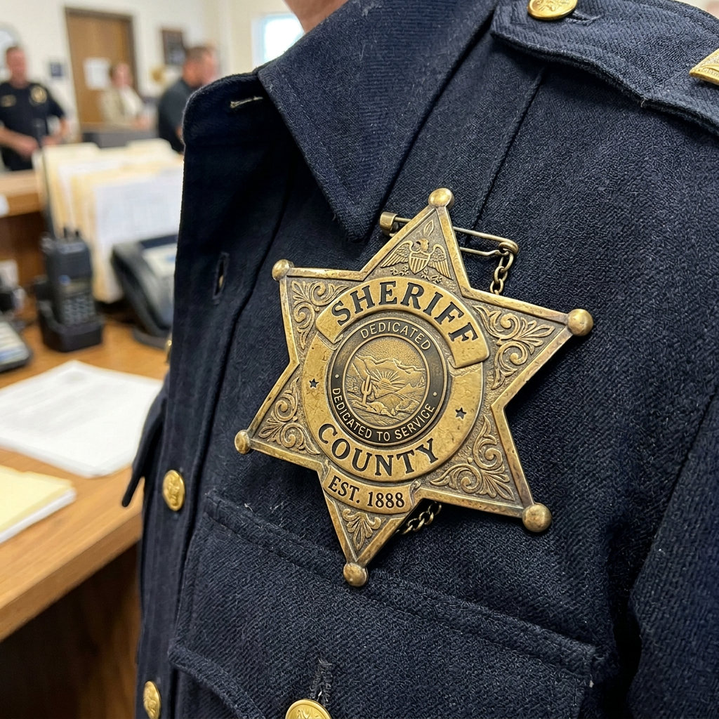 Close-up of an Arizona county sheriff badge reading “Dedicated to Service” and “Est. 1888”